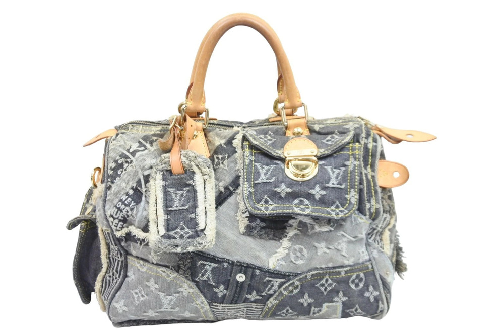Louis Vuitton Speedy Denim Bag Handbag Gray White